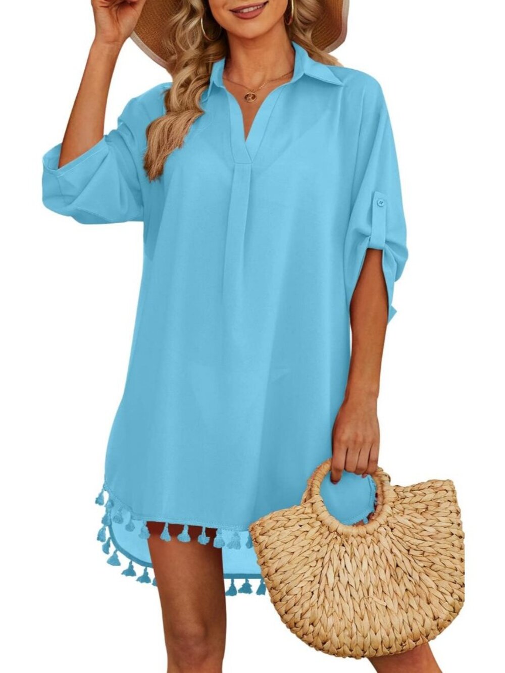 Women's Sky Blue Polyester Cover Up Tassel Swimsuit Bathing Suit for Swimwear